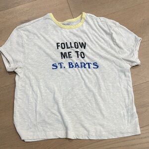 EUC Pilcro (from Anthropologie) Cream Tee with Blue and Black Text, M